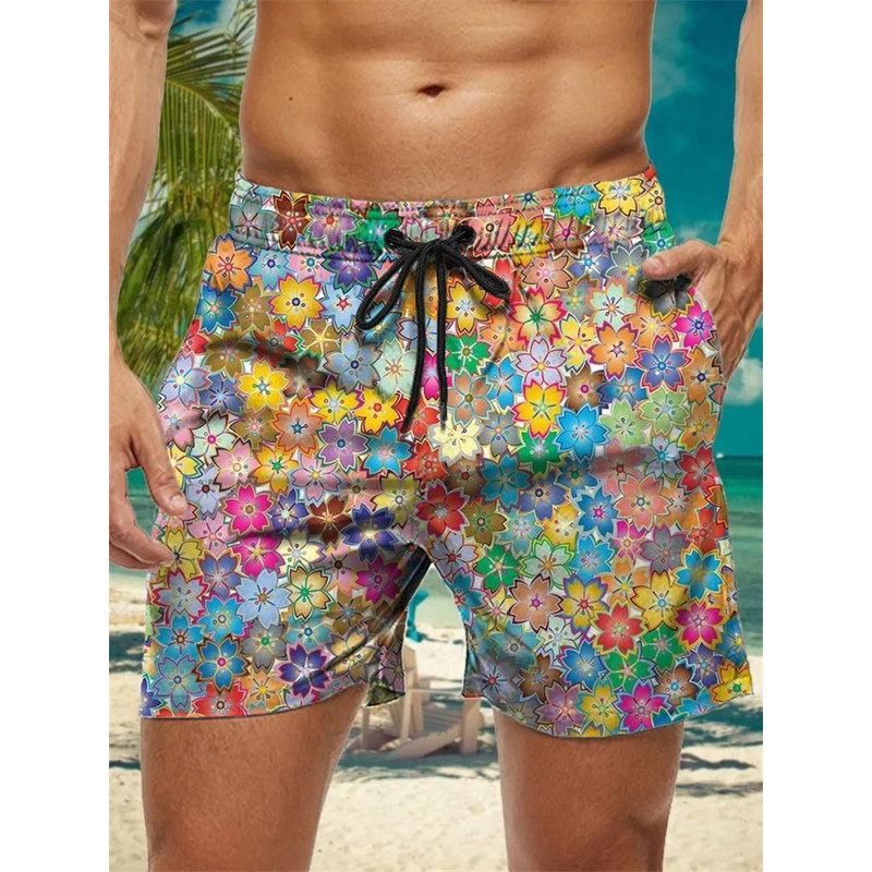 Trendy Floral Graphic Short Pants for Men, 3D Printed Hawaiian Beach Shorts Summer Fashion Vacation Oversized Swim Trunk
