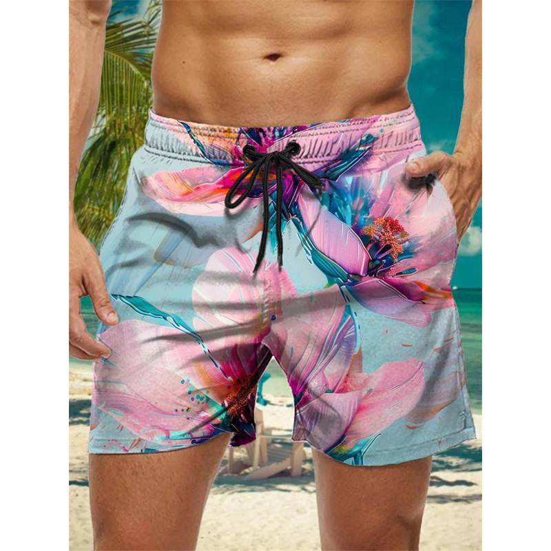Trendy Floral Graphic Short Pants for Men, 3D Printed Hawaiian Beach Shorts Summer Fashion Vacation Oversized Swim Trunk