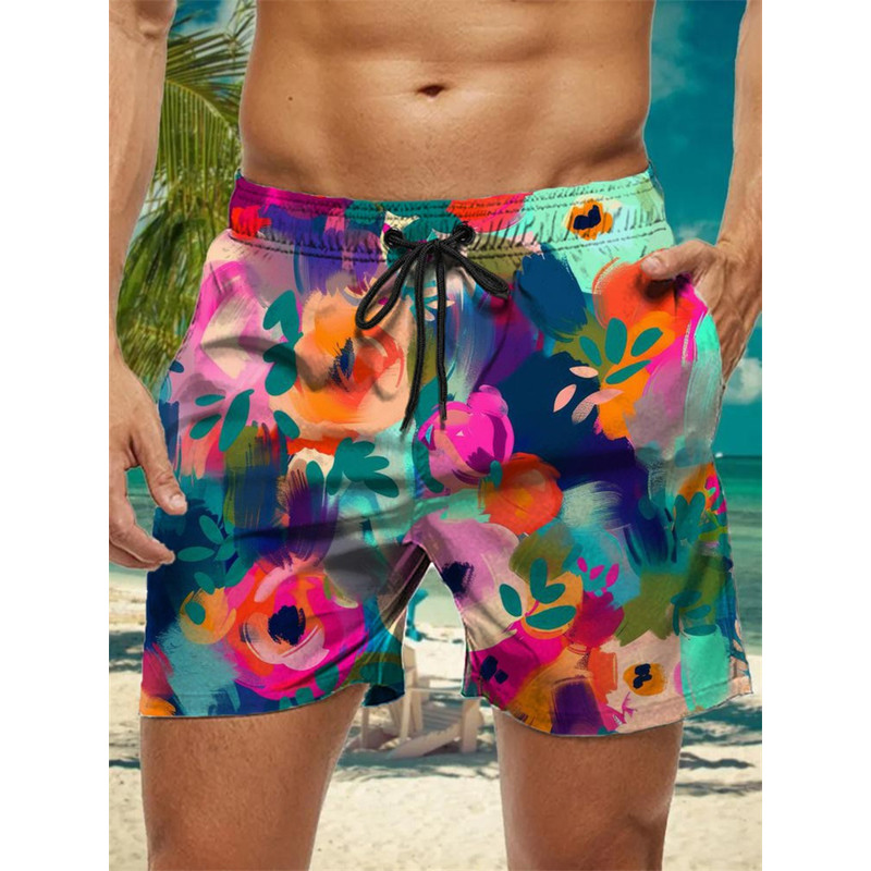 Trendy Floral Graphic Short Pants for Men, 3D Printed Hawaiian Beach Shorts Summer Fashion Vacation Oversized Swim Trunk