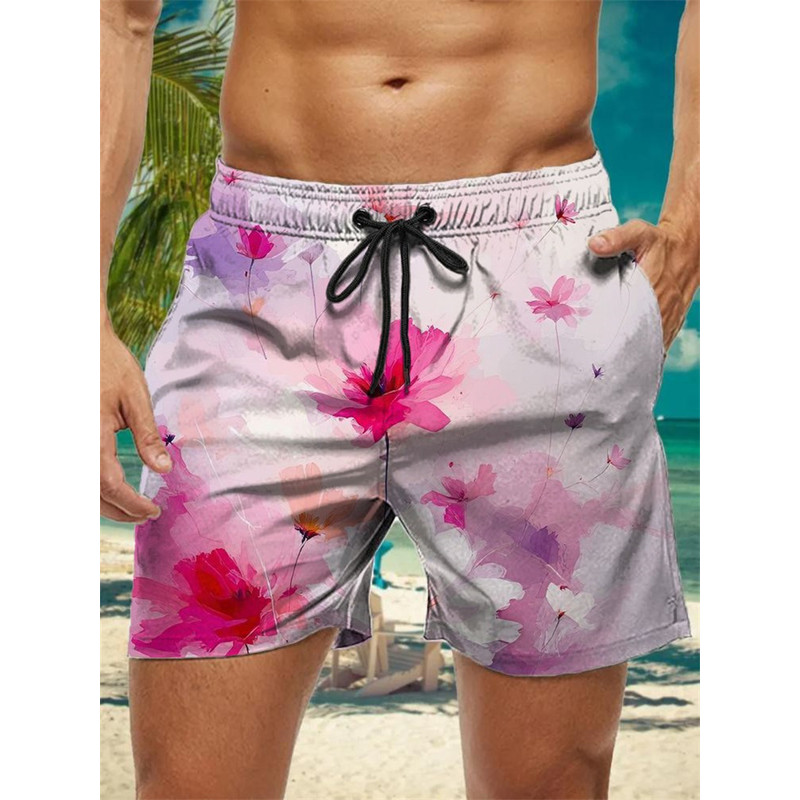 Trendy Floral Graphic Short Pants for Men, 3D Printed Hawaiian Beach Shorts Summer Fashion Vacation Oversized Swim Trunk