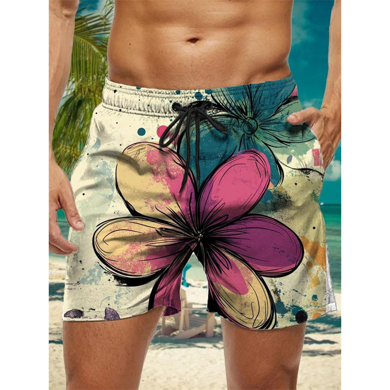 Trendy Floral Graphic Short Pants for Men, 3D Printed Hawaiian Beach Shorts Summer Fashion Vacation Oversized Swim Trunk