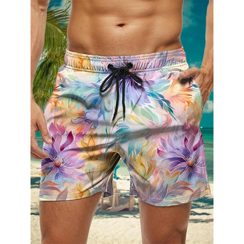 Trendy Floral Graphic Short Pants for Men, 3D Printed Hawaiian Beach Shorts Summer Fashion Vacation Oversized Swim Trunk