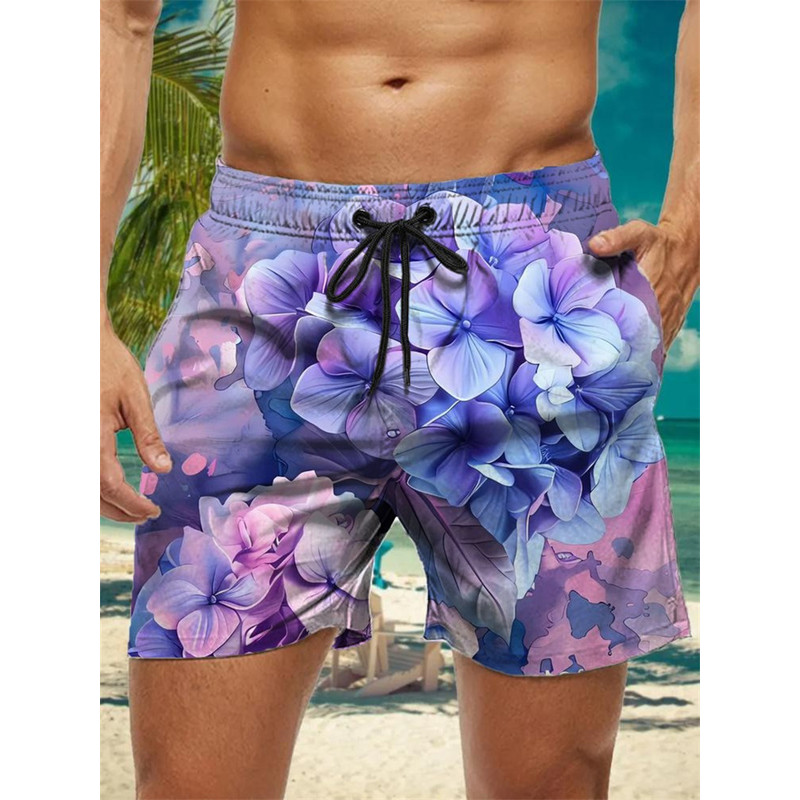 Trendy Floral Graphic Short Pants for Men, 3D Printed Hawaiian Beach Shorts Summer Fashion Vacation Oversized Swim Trunk