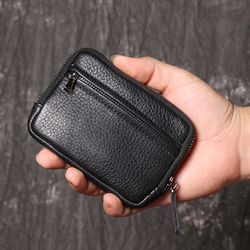 genuine leather wallets for men women, small zipper purses, retro money bag, coin change purse, key holder organizer