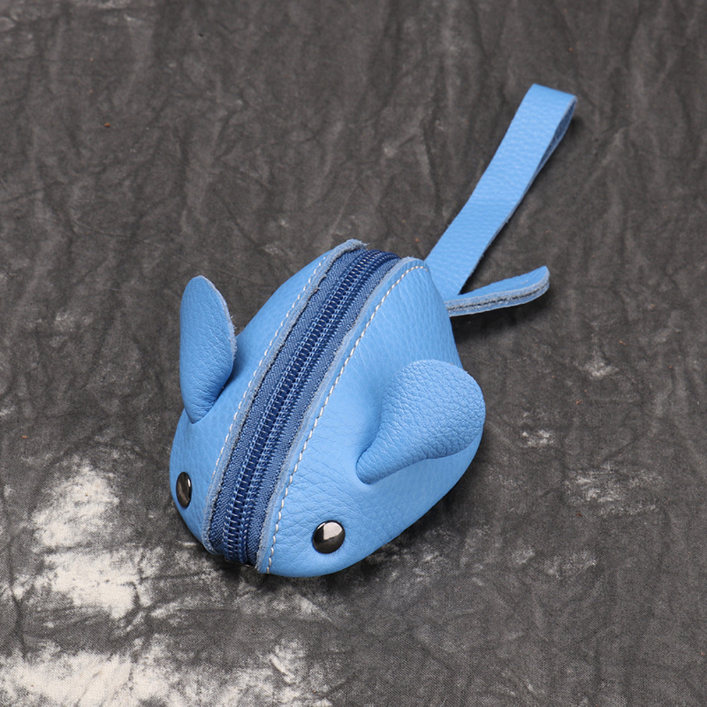 Cute Mouse Coin Purse in Genuine Leather, Zipper Pocket Wallet for Kids, Men, Women, Portable Key Bag Organizer