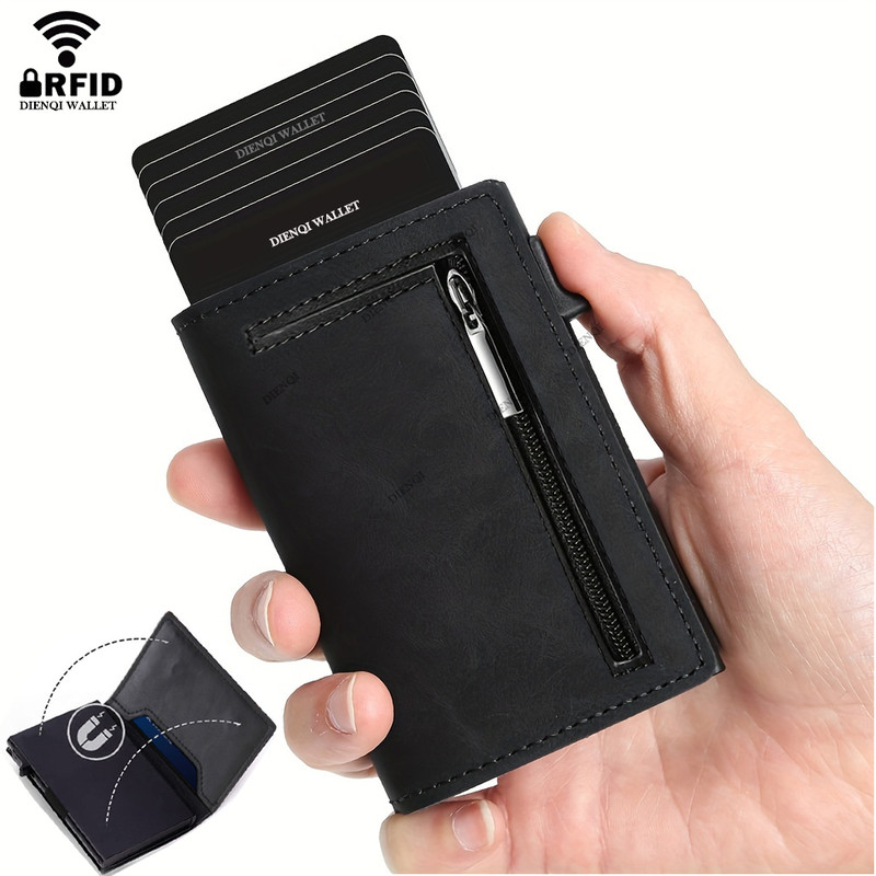 RFID Blocking Magnetic Credit Card Holder, Pop Up Luxury Men Wallet, Leather Minimalist Cardholder Vallet for Men