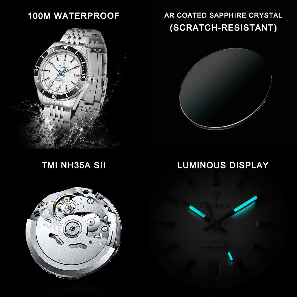 NEW CADISEN Mens Mechanical Watch, Automatic Japan NH35A Movement, Waterproof Ceramic Bezel Wristwatch