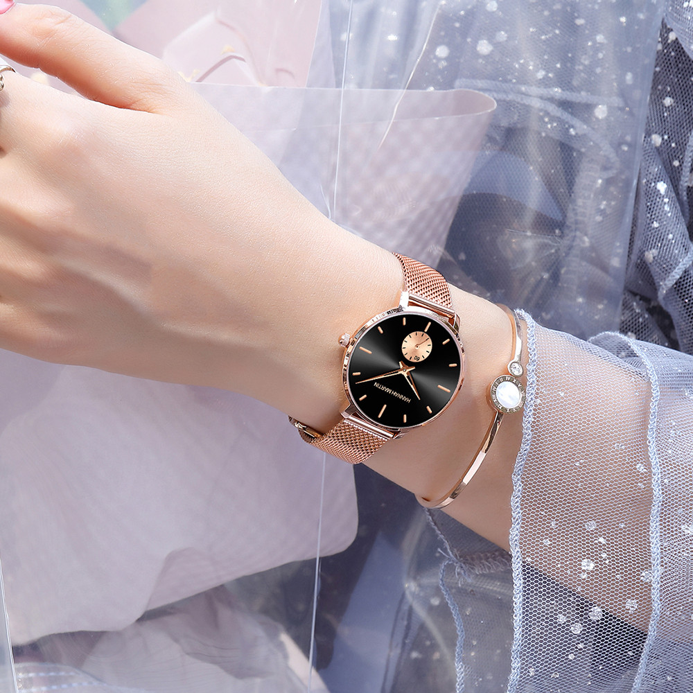 Top Brand Hannah Martin Women Watch, Original Quartz Movement, Fashion Stainless Steel Mesh Belt Dress Watch