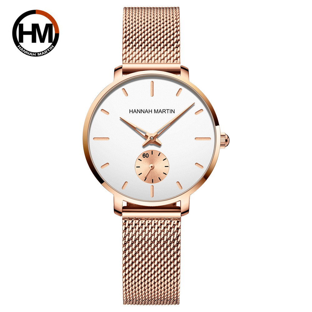 Top Brand Hannah Martin Women Watch, Original Quartz Movement, Fashion Stainless Steel Mesh Belt Dress Watch