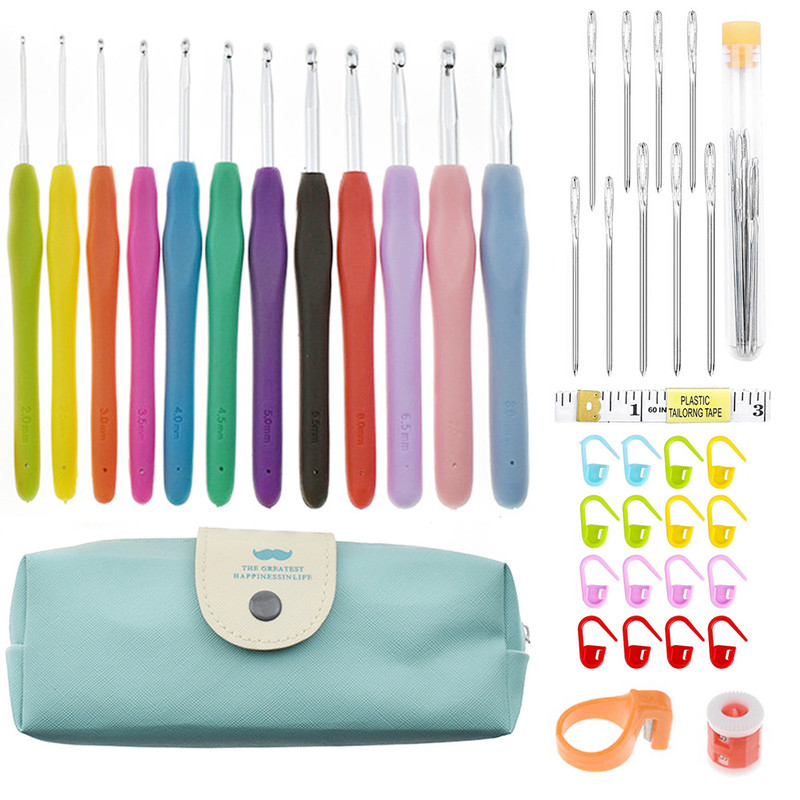 Premium Aluminum Crochet Hooks Kit with Storage Bag, Soft Ergonomic Handle Yarn Weaving Needles Set for Sewing, Knitting