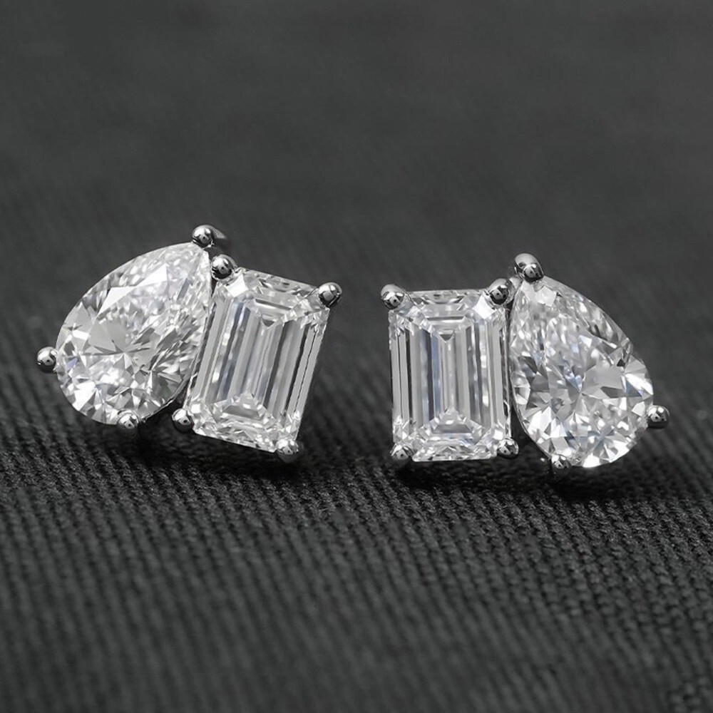 Emerald & Pear Cut Moissanite Diamond Earrings for Women, Sterling Silver Two Stone Stud Earrings