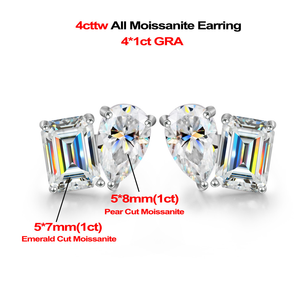 Emerald & Pear Cut Moissanite Diamond Earrings for Women, Sterling Silver Two Stone Stud Earrings