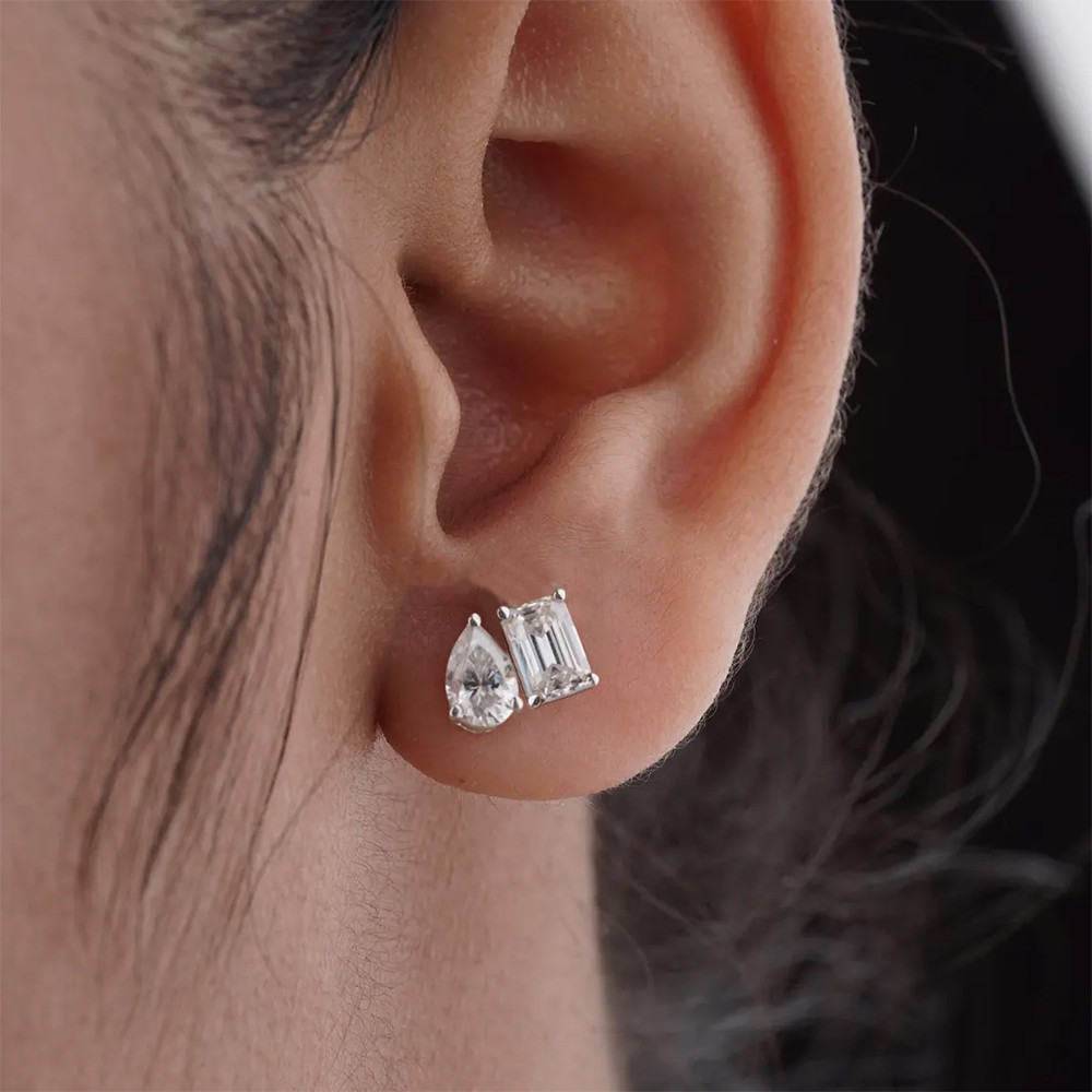 Emerald & Pear Cut Moissanite Diamond Earrings for Women, Sterling Silver Two Stone Stud Earrings