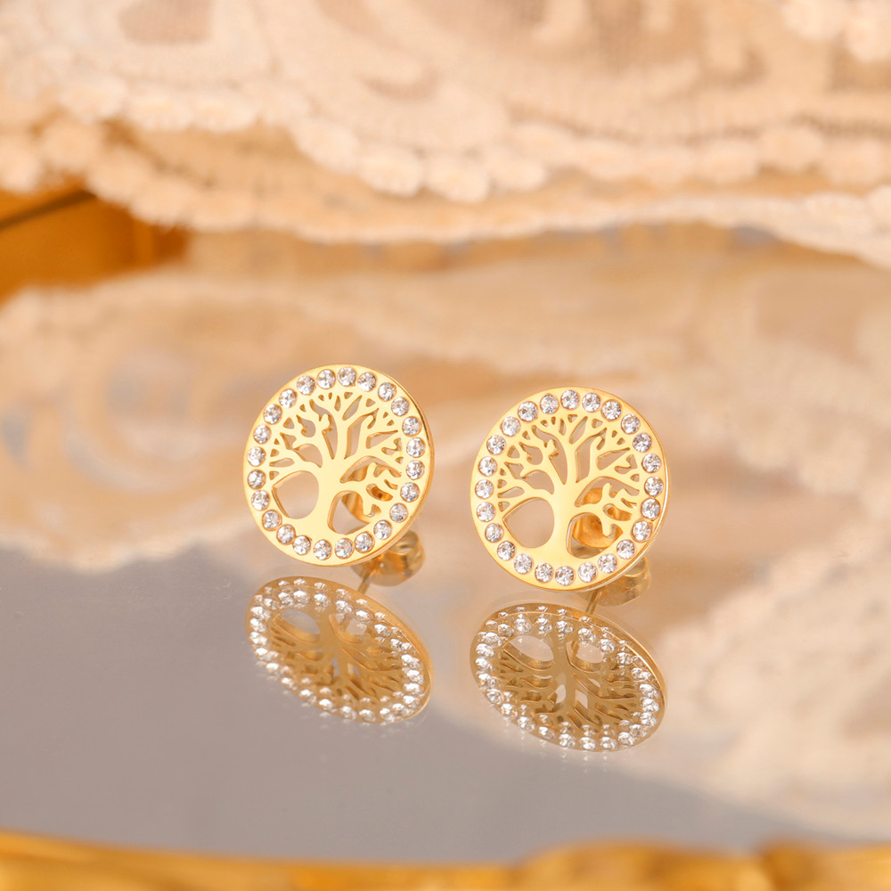 Skyrim Tree of Life Earrings, Gold Color Stainless Steel Stud Earrings with Clear Zircon, Vintage Amulet Jewelry