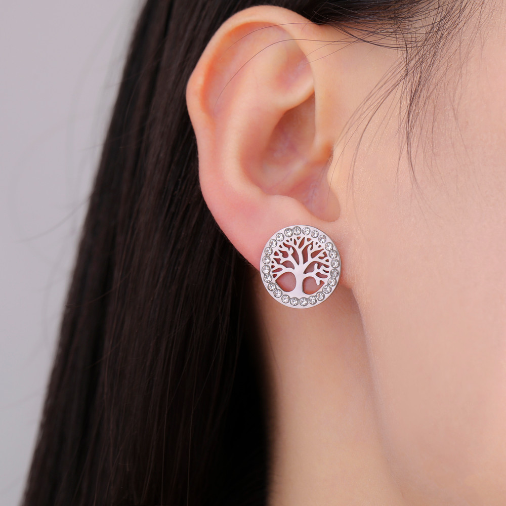 Skyrim Tree of Life Earrings, Gold Color Stainless Steel Stud Earrings with Clear Zircon, Vintage Amulet Jewelry