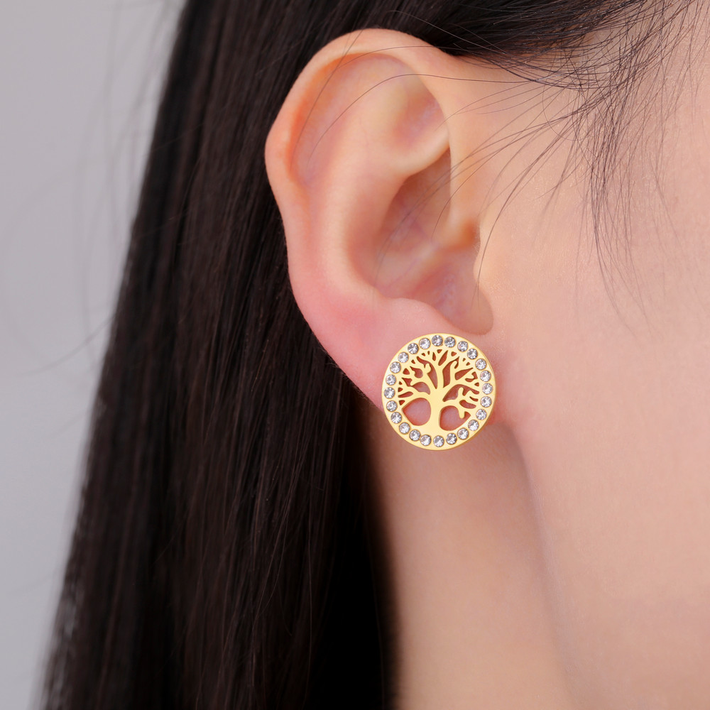 Skyrim Tree of Life Earrings, Gold Color Stainless Steel Stud Earrings with Clear Zircon, Vintage Amulet Jewelry