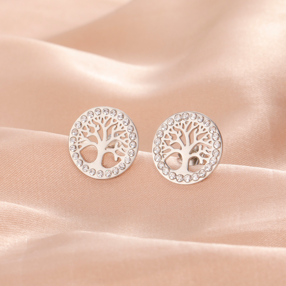 Skyrim Tree of Life Earrings, Gold Color Stainless Steel Stud Earrings with Clear Zircon, Vintage Amulet Jewelry