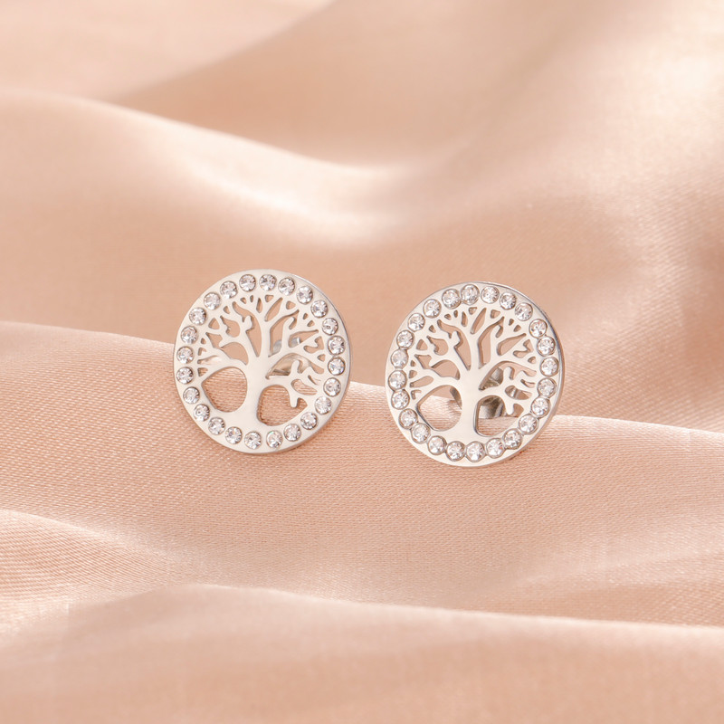 Skyrim Tree of Life Earrings, Gold Color Stainless Steel Stud Earrings with Clear Zircon, Vintage Amulet Jewelry