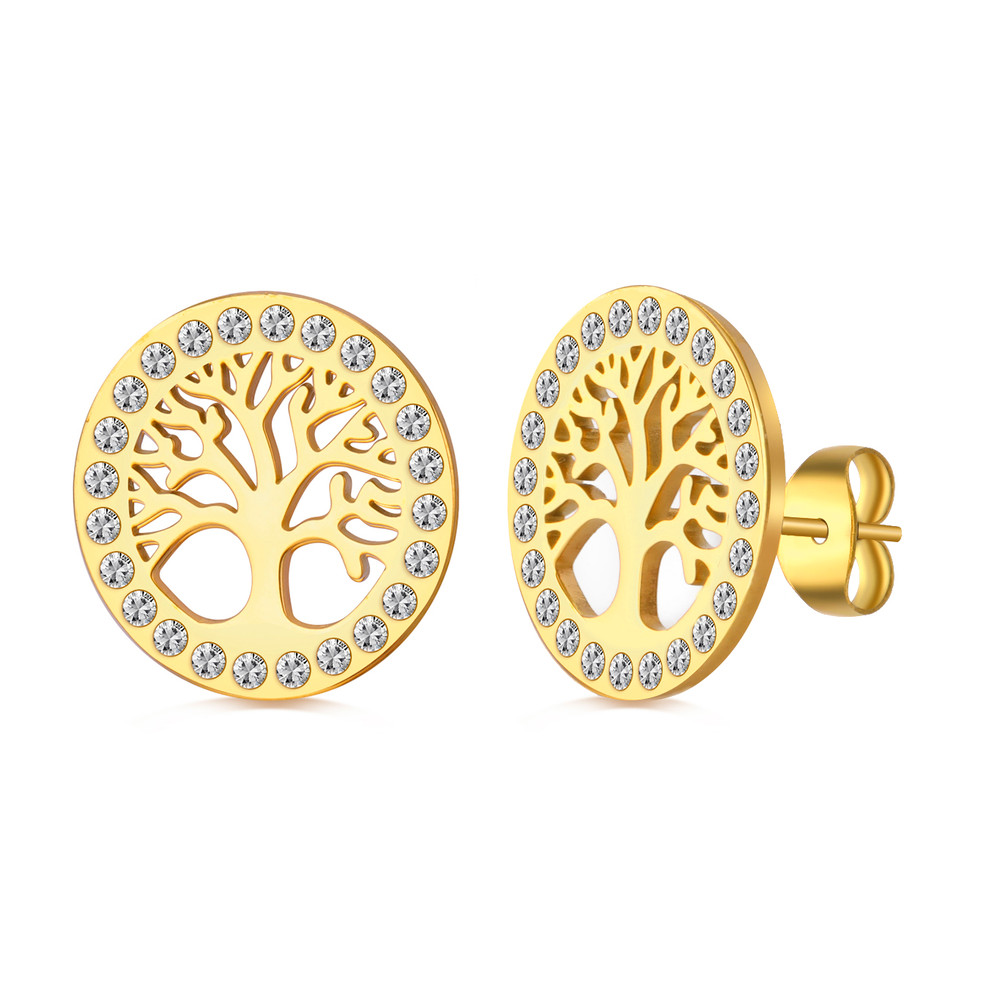 Skyrim Tree of Life Earrings, Gold Color Stainless Steel Stud Earrings with Clear Zircon, Vintage Amulet Jewelry