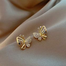 xiyawang gold color cubic zircon butterfly stud earrings, simple geometric studs for women, girls, elegant party jewelry