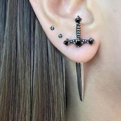 hip hop cross sword stud earrings for women, classic black crystal stone silver ox gold & black color simple jewelry