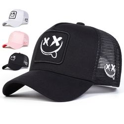 smiling face embroidery baseball net cap for men women, adjustable trucker hat, summer outdoor sunscreen cap