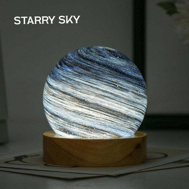 USB Powered 3D Moon Glass Lamp Planet Mini Night Light Wooden Stand Table Lamp For Kids Girls Boys 6