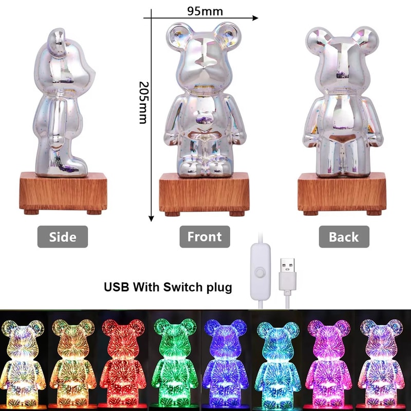 3D Bear Night Light LED Fireworks Lamps, USB Dimmable Projector, Colorful Desktop Atmosphere Table Light Gift