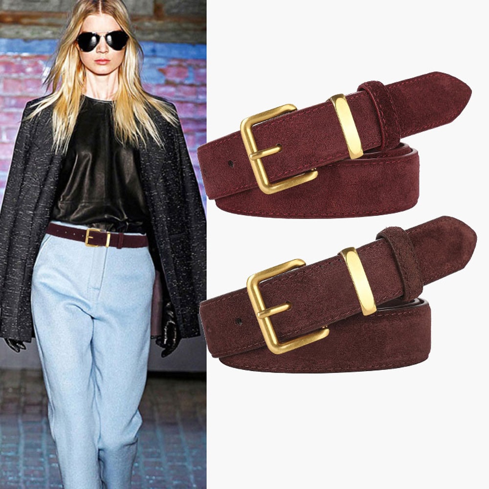 Luxurious Genuine Leather Womens Suede Belt, 2.8 cm Wide with Gold and Silver Buckle, Stylish Belt for Jeans and Outfits