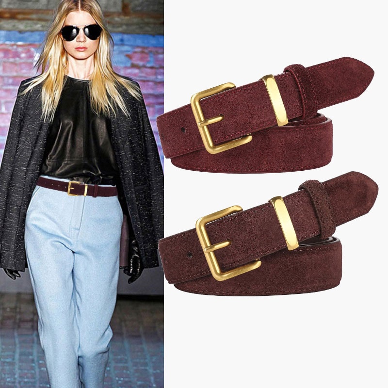 Luxurious Genuine Leather Womens Suede Belt, 2.8 cm Wide with Gold and Silver Buckle, Stylish Belt for Jeans and Outfits