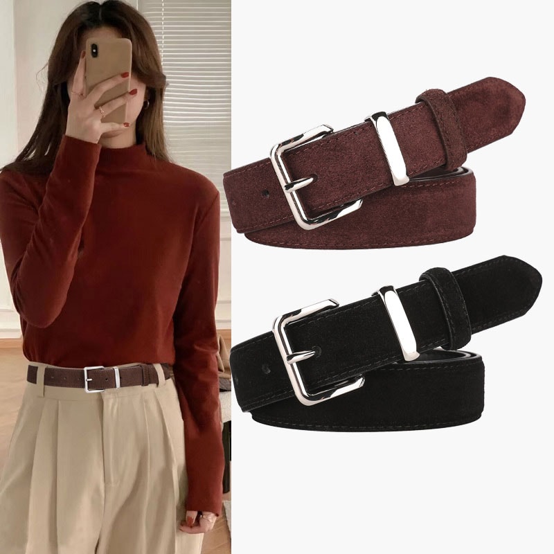 Luxurious Genuine Leather Womens Suede Belt, 2.8 cm Wide with Gold and Silver Buckle, Stylish Belt for Jeans and Outfits