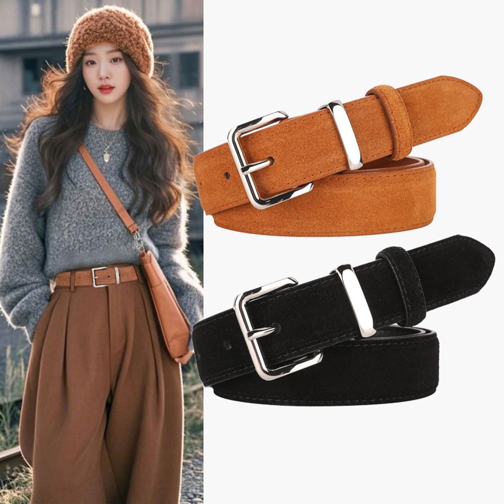 Luxurious Genuine Leather Womens Suede Belt, 2.8 cm Wide with Gold and Silver Buckle, Stylish Belt for Jeans and Outfits
