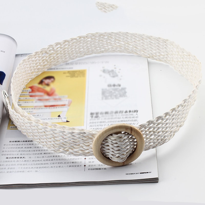 Vintage Bohe Straw Buckle Belt, Summer Women Braided Elastic Belt, Knitted Dress Belt Faux Straw Waistband