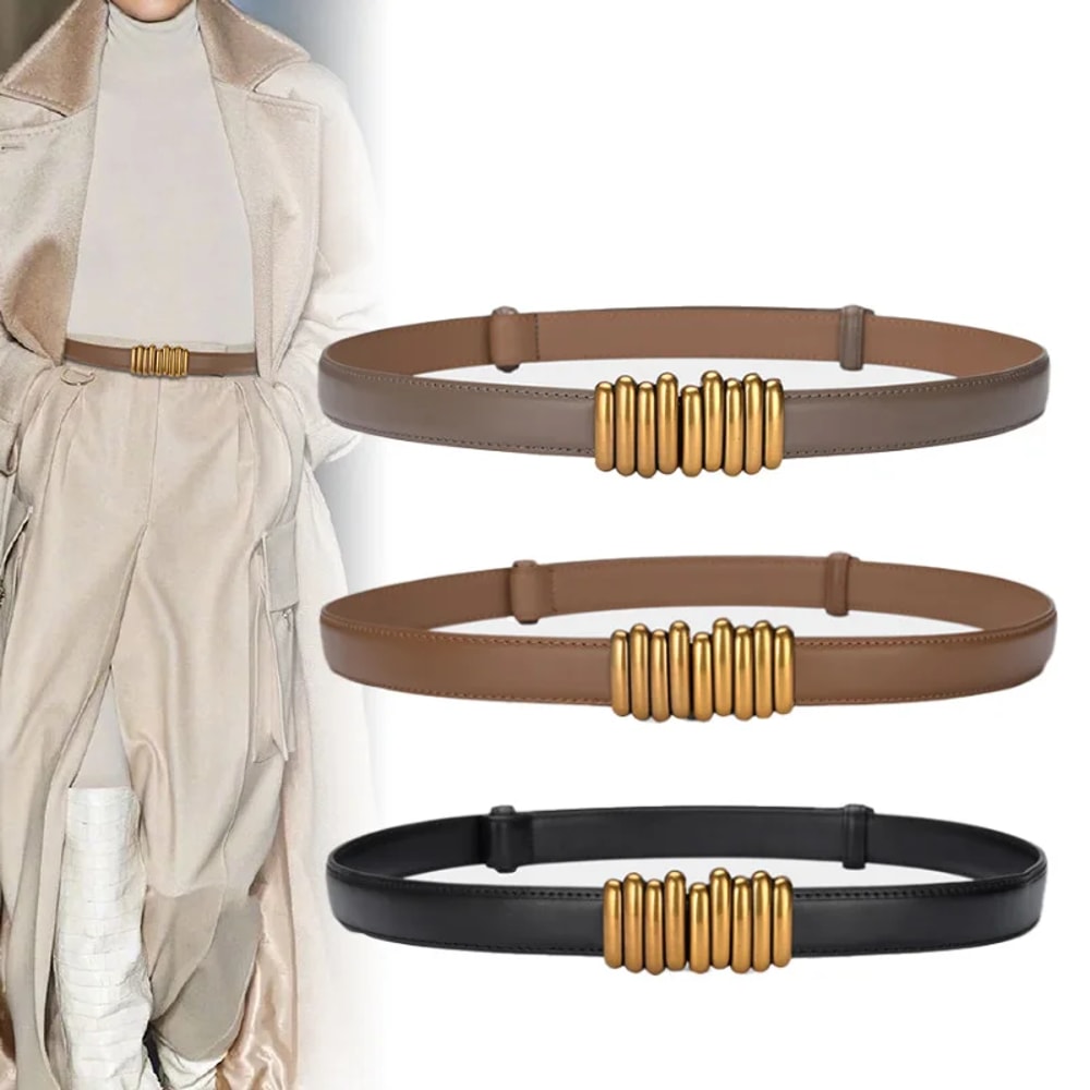 Adjustable PU Leather Ladies Belt Elegant Gold Alloy Buckle Versatile High Quality Womens Dress Wai 0