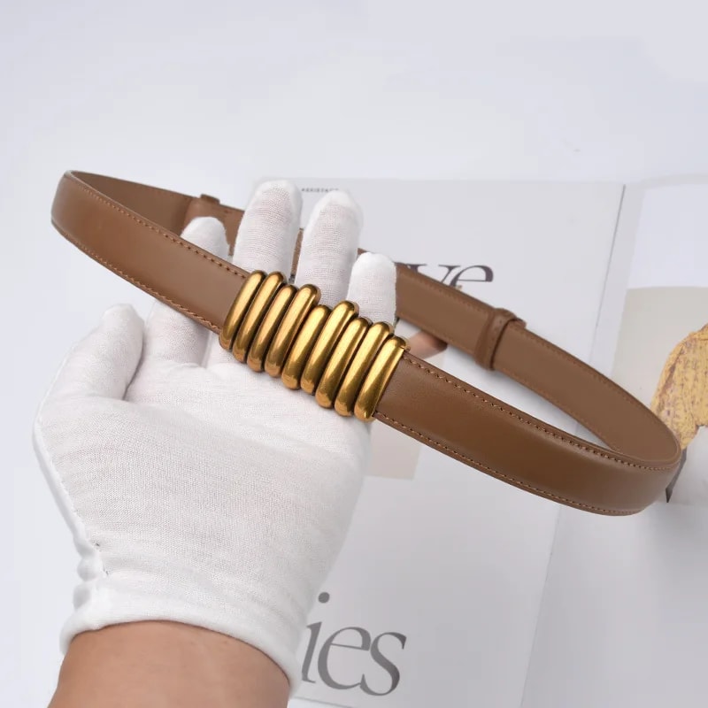 Adjustable PU Leather Ladies Belt Elegant Gold Alloy Buckle Versatile High Quality Womens Dress Wai 2