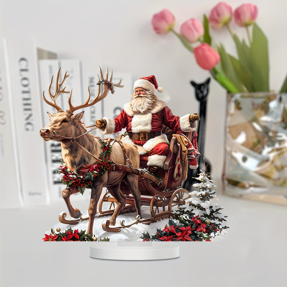 Acrylic Santa Claus Reindeer Sled Decoration Tabletop Christmas Ornament With Base Xmas Navidad Par 1