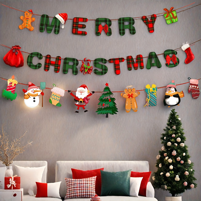 Santa Claus Snowman Paper Hanging Banner Merry Christmas Banners Decoration Red Green Xmax Pendant  2
