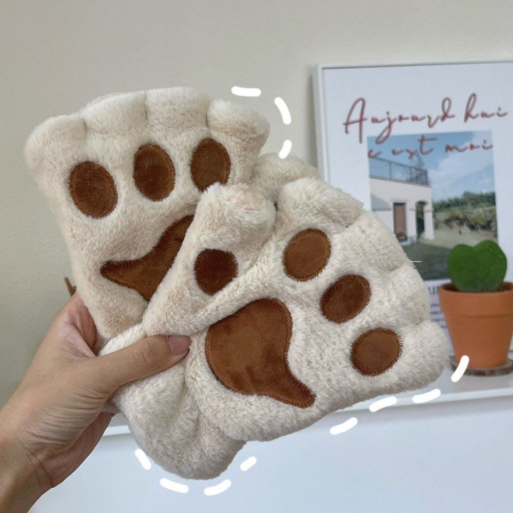 Lovely Plush Cat Paw Gloves Warm Fingerless Mittens Soft Fluffy Bear Claw Costume Short Half Finger 1