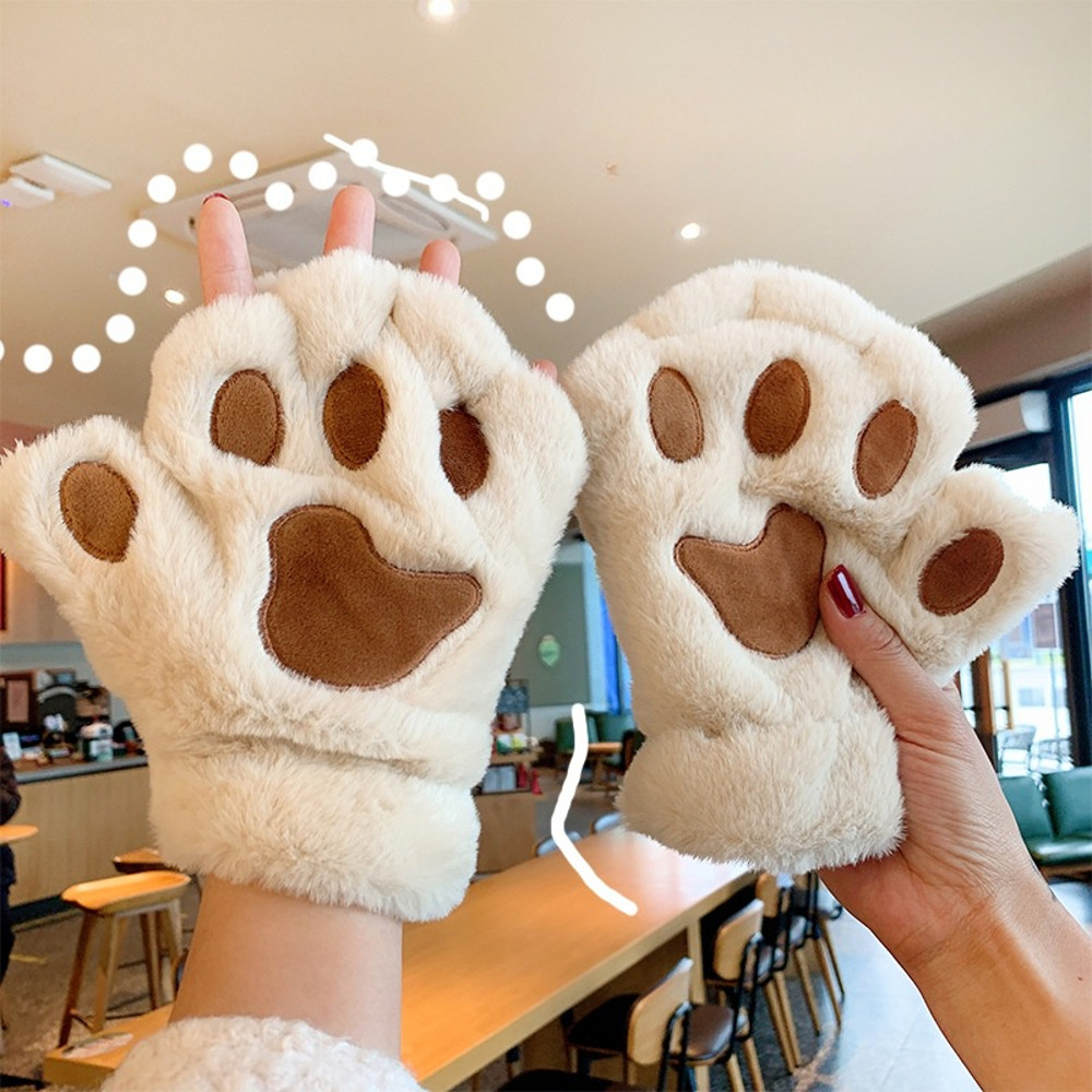 Lovely Plush Cat Paw Gloves Warm Fingerless Mittens Soft Fluffy Bear Claw Costume Short Half Finger 7