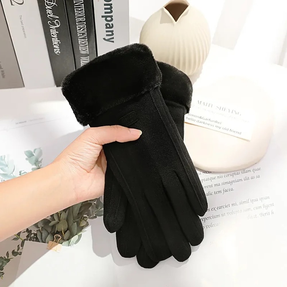 Women Winter Warm Suede Touchscreen Gloves Thick Plush Outdoor Cycling Driving Mittens 4