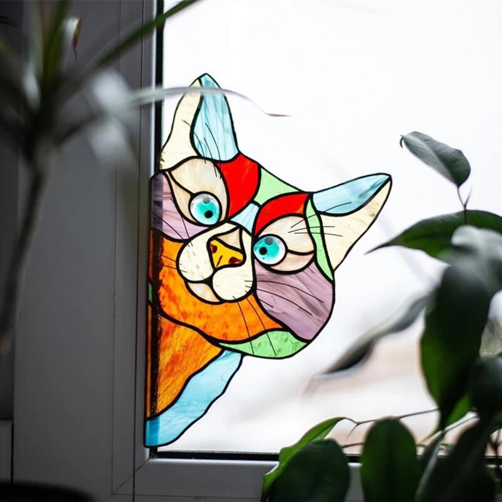 Cute Cat Peeking Window Decal Waterproof Glass Sticker for Car, Bedroom & Living Room