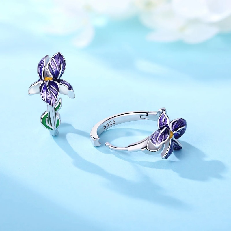 Purple Iris Sterling Silver Earrings for Women Elegant Floral Wedding Jewelry Gift