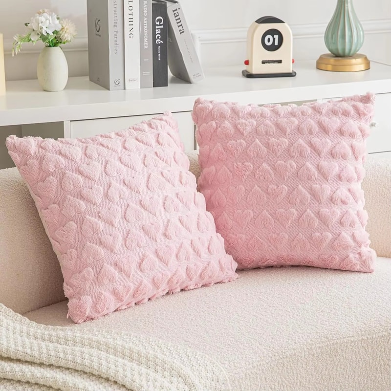 Cute Heart Plush Pillow Cover for Sofa Couch Bed Soft Decorative Cushion Case