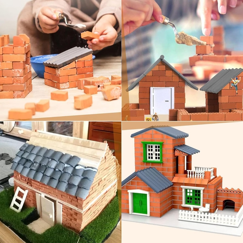 Miniature Brick Set for Dollhouse Building with Roof Tiles & Tools