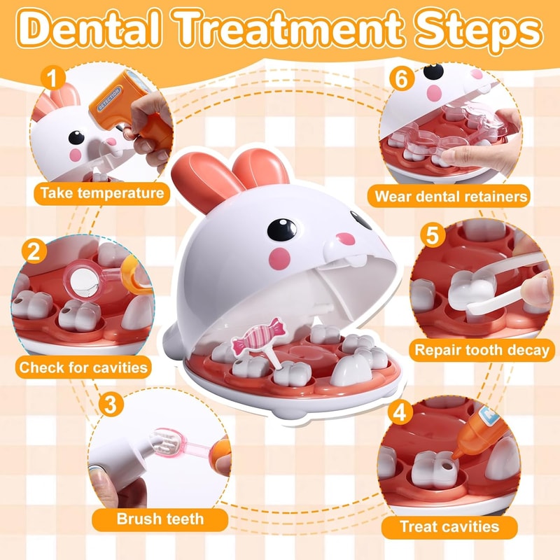 Bunny Doctor Kit for Toddlers Pretend Play Medical Kit with Dentist Set & Teeth Brushing Toys