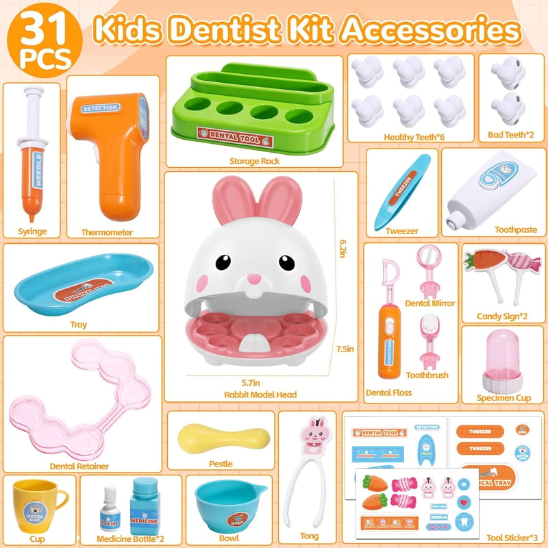Bunny Doctor Kit for Toddlers Pretend Play Medical Kit with Dentist Set & Teeth Brushing Toys