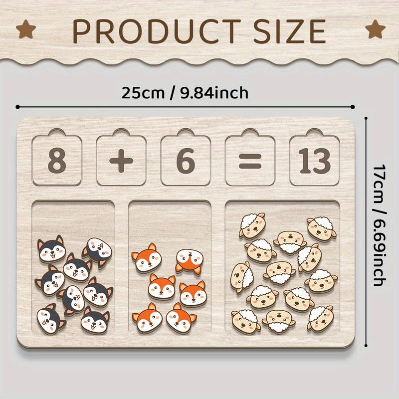 Montessori Wooden Math Learning Board for Toddlers with Number Blocks and Counting Animals