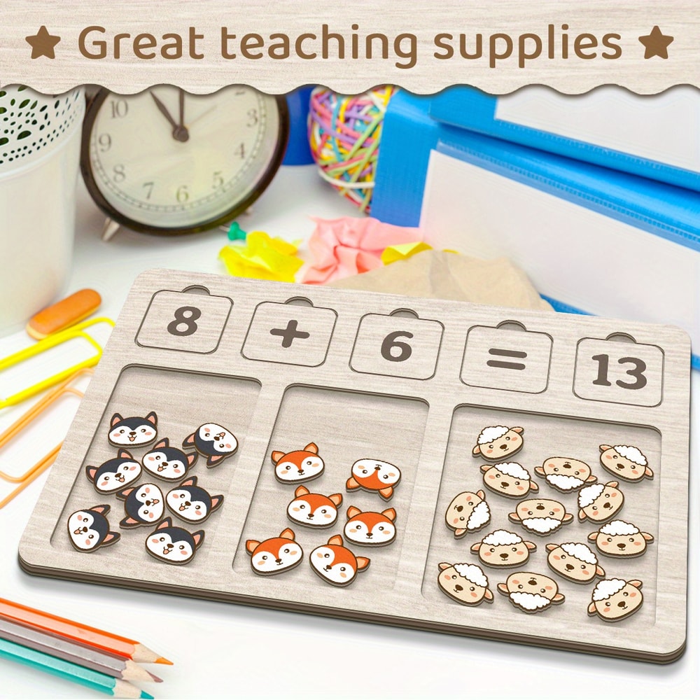 Montessori Wooden Math Learning Board for Toddlers with Number Blocks and Counting Animals