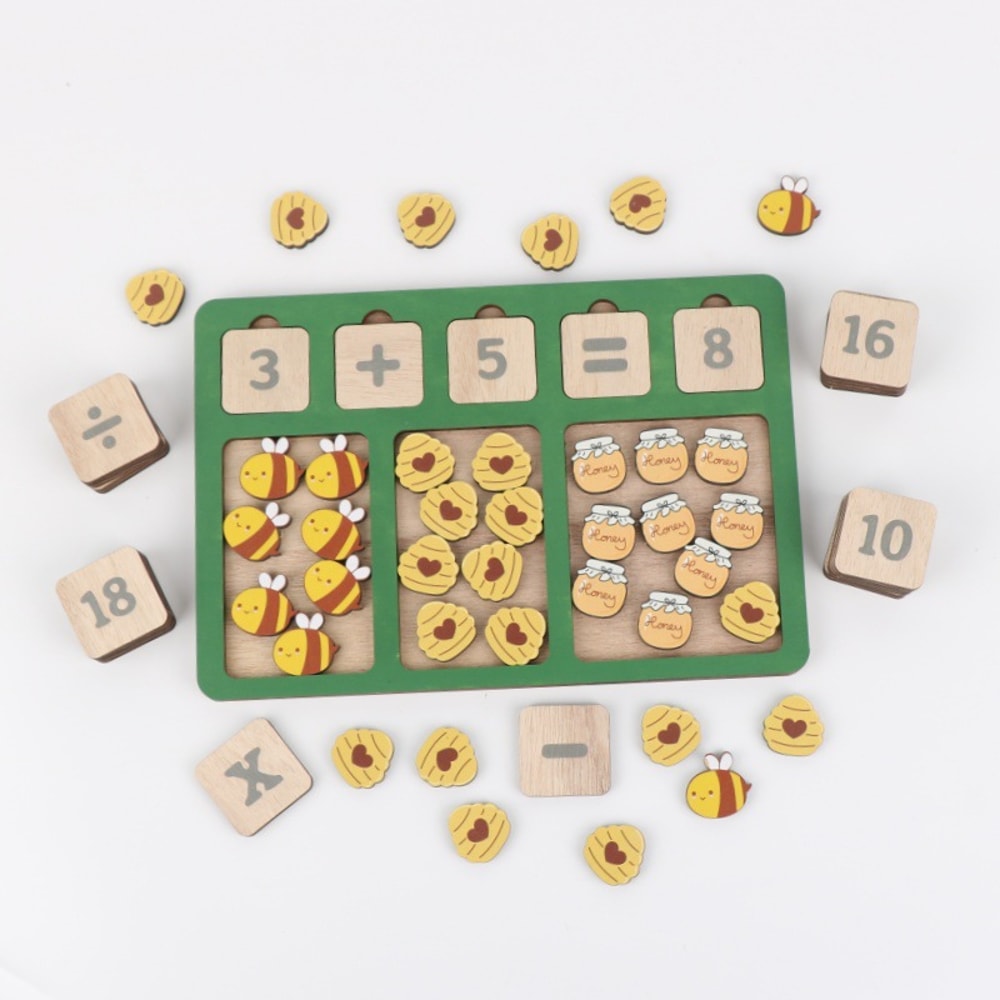 Montessori Wooden Math Learning Board for Toddlers with Number Blocks and Counting Animals