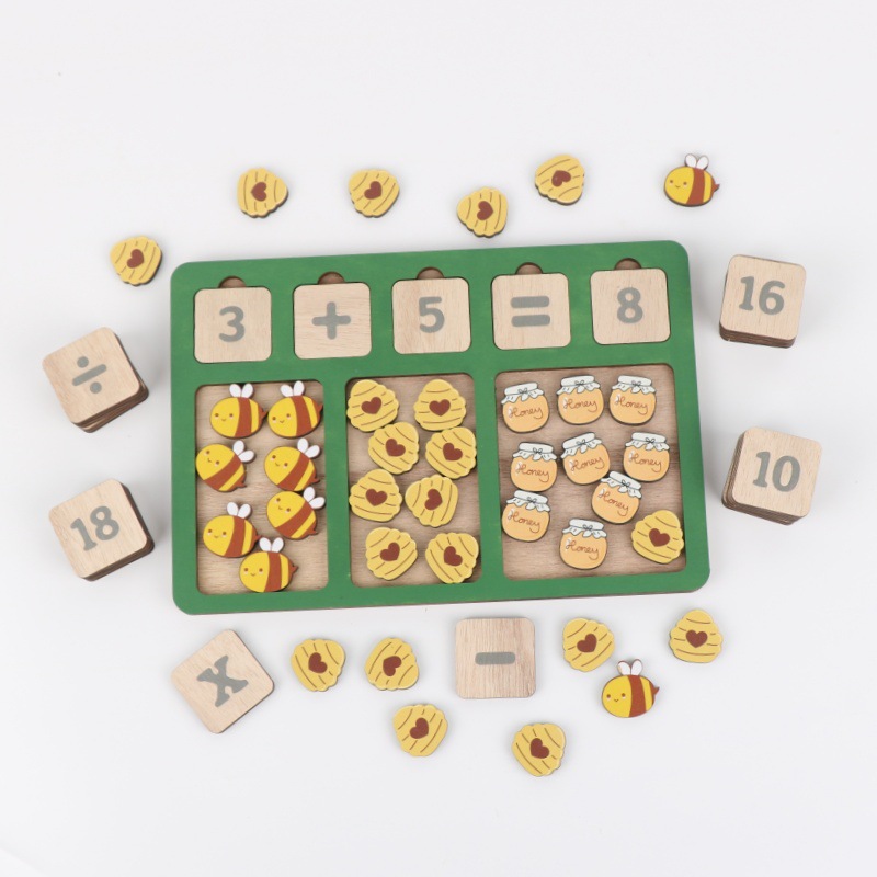 Montessori Wooden Math Learning Board for Toddlers with Number Blocks and Counting Animals